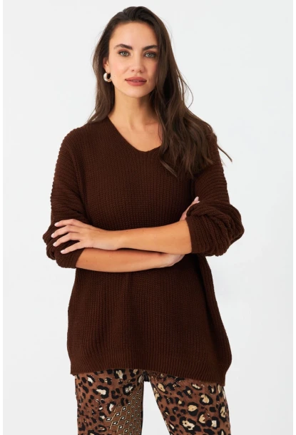 Kadın Tarçın V Yaka Salaş Triko Bluz SMT158