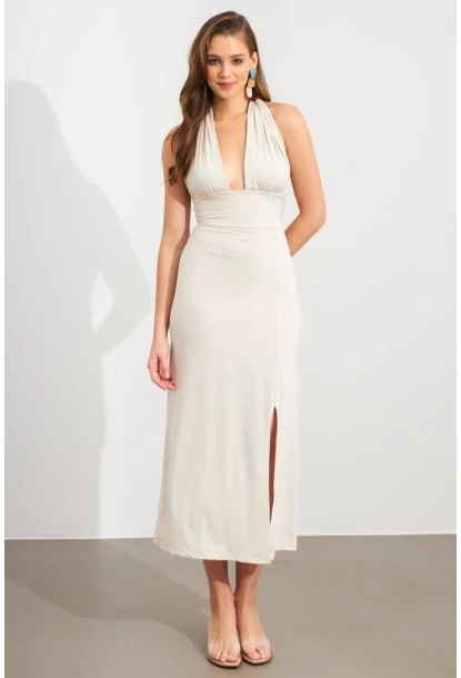 Kadın Taş Bağlamalı Sırt Dekolteli Maxi Elbise UG2003