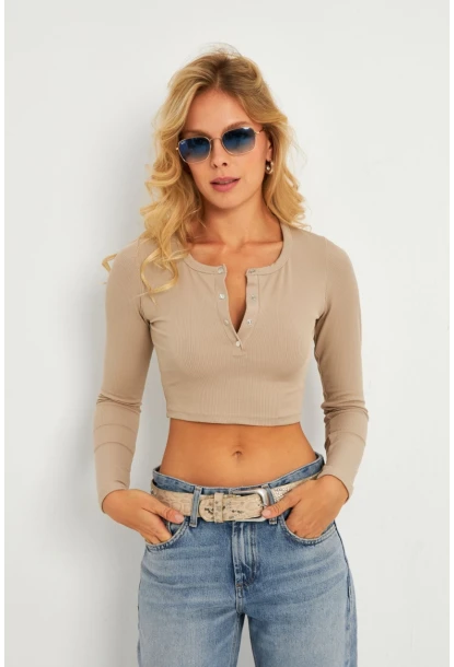 Kadın Taş Çıtçıtlı Crop Bluz CG379