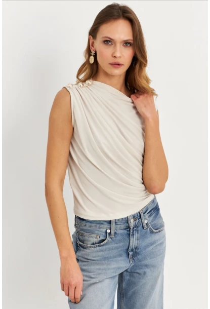 Kadın Taş Düğme Detaylı Büzgülü Bluz LPP1205-1