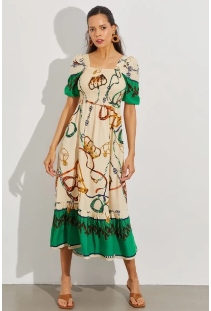 Kadın Taş Gipeli Kare Yaka Midi Elbise ÖM167