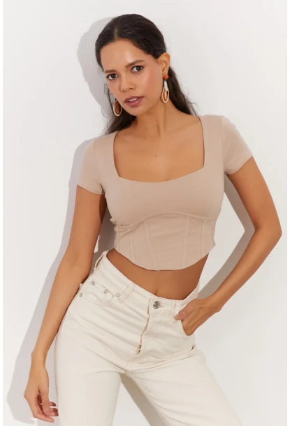 Kadın Taş Kare Yaka Crop Bluz RX420