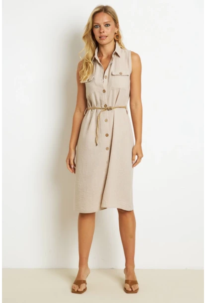 Kadın Taş Kemerli Gömlek Midi Elbise SGT404