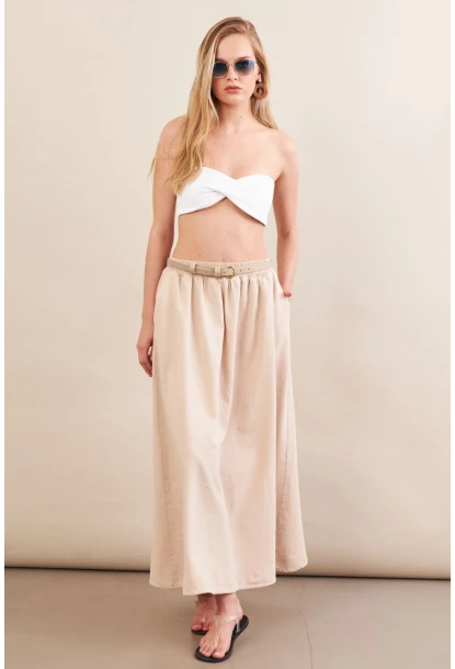 Kadın Taş Keten Cepli Midi Etek RSP4440