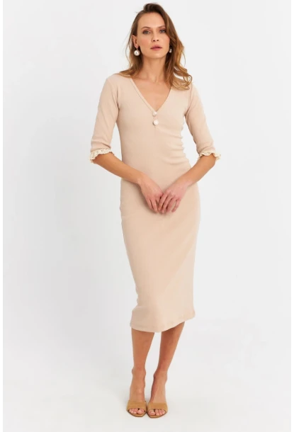 Kadın Taş Kolları Dantel Detaylı Kaşkorse Midi Elbise EY2955