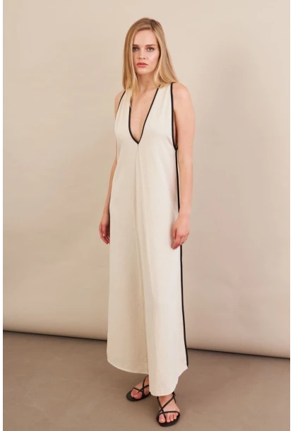 Kadın Taş Kontrast Çizgili Maxi Keten Elbise MSİ101