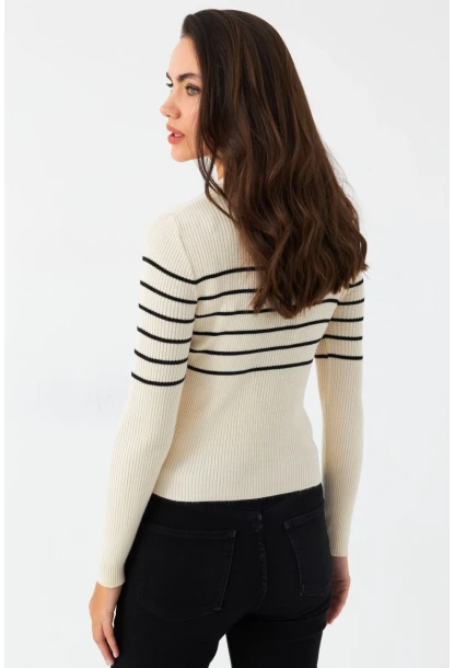 Kadın Taş Polo Yaka Çizgili Triko Bluz MK65