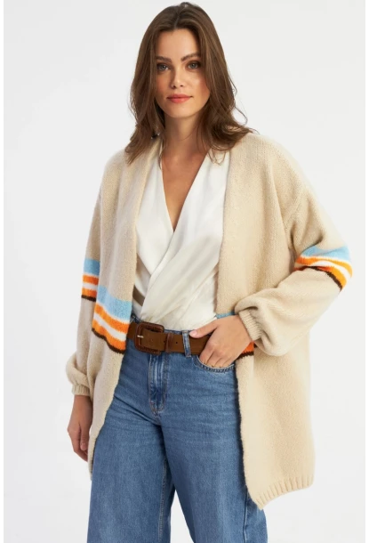 Kadın Taş Renk Çizgili Hırka MSMT2429