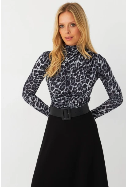 Kadın Taş-Siyah Büzgülü Desenli Bluz MDMR358-1