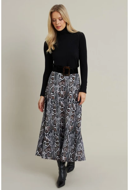 Kadın Taş-Siyah Desenli Çan Etek LON3007