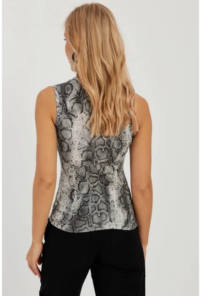 Kadın Taş-Siyah Yılan Desenli Kolsuz Bluz LPP1259