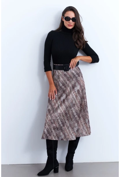 Kadın Taş-Siyah Yılan Desenli Saten Çan Etek ELT161