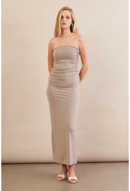 Kadın Taş Straplez Büzgülü Midi Elbise MX2005