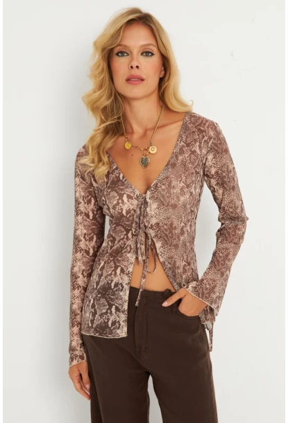 Kadın Taş Yılan Desenli Tül  Bluz GÇ175
