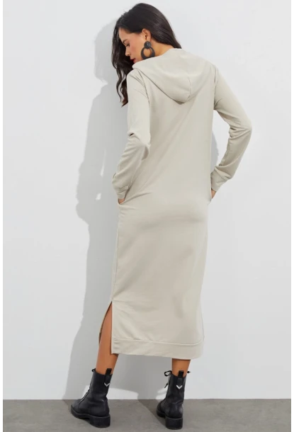 Kadın Taş Yırtmaçlı Kapüşonlu Maxi Elbise EY1111