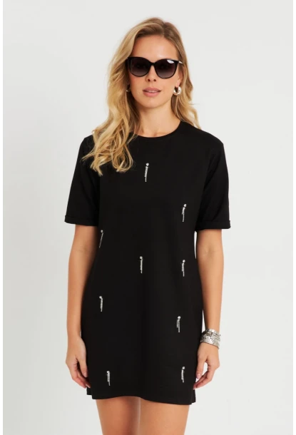 Kadın Taşlı Mini Elbise Siyah ST831