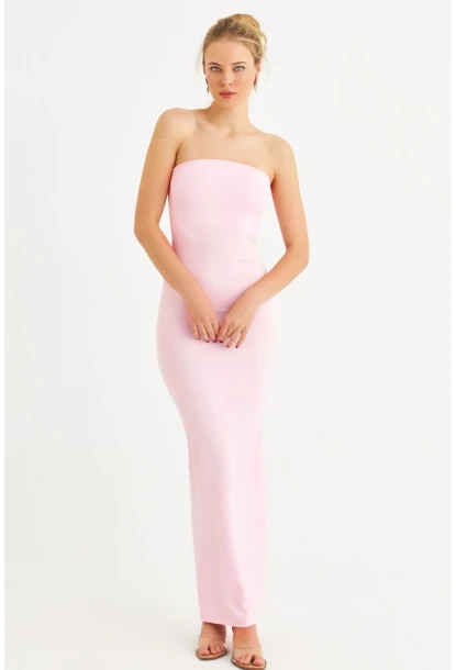 Kadın Toz Pembe Straplez Yırtmaçlı Midi Elbise XC005