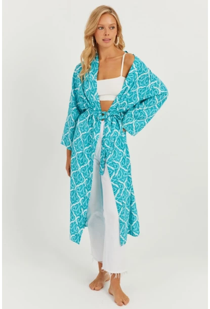 Kadın Turkuaz Desenli Kimono GÇ155