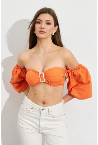 Kadın Turuncu Balon Kol Crop Bluz ROP111