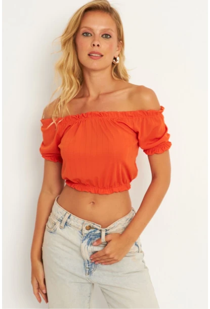 Kadın Turuncu Büzğülü Crop Bluz KAZ13