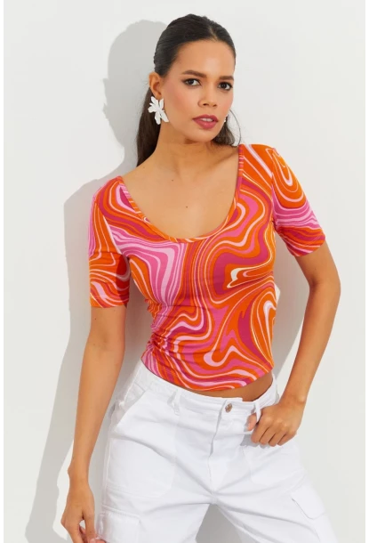 Kadın Turuncu Desenli Bluz LPP1224