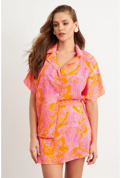 Kadın Turuncu Desenli Gömlek Şort Takım Q1007