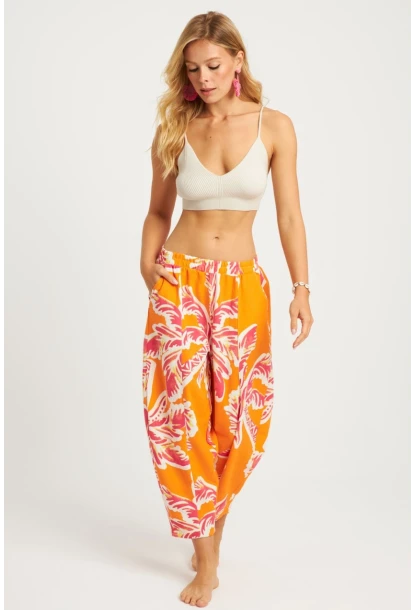 Kadın Turuncu Desenli Keten Şalvar Pantolon K1253