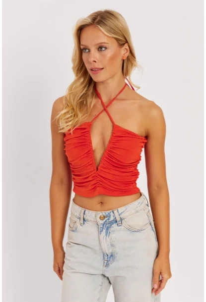 Kadın Turuncu Drapeli Crop Bluz KED154