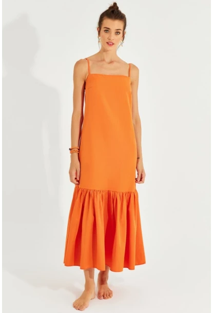 Kadın Turuncu Eteği Volanlı Askılı Midi Elbise MEN2001