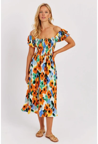 Kadın Turuncu Gipeli Desenli Midi Elbise MON126