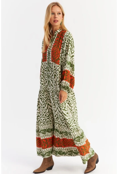 Kadın Turuncu-Haki Volanlı Maxi Elbise MALO11