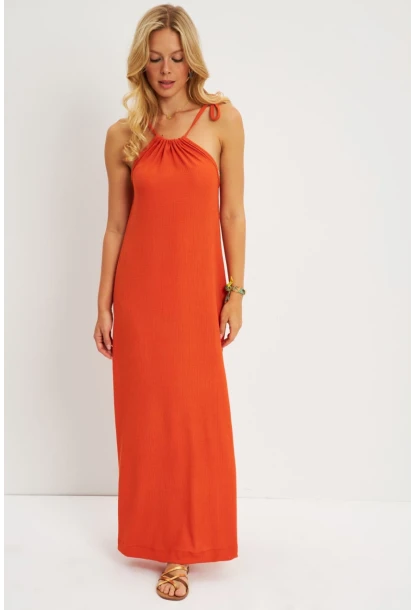 Kadın Turuncu Halter Yaka Bürümcük Midi Elbise EY2788