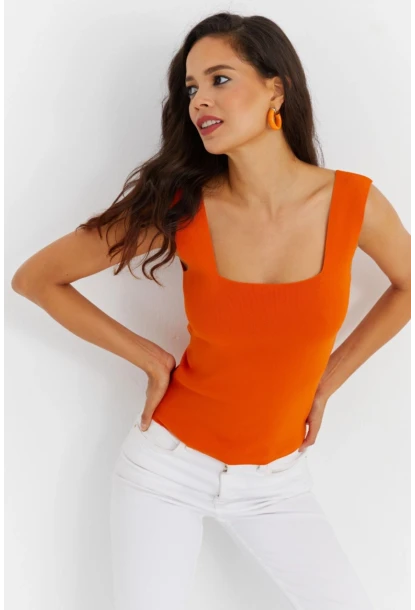 Kadın Turuncu Kare Yaka Triko Bluz YV87