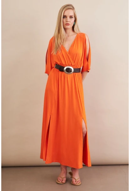 Kadın Turuncu Kol Pencereli Midi Elbise MP500