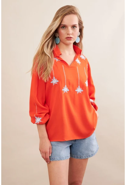 Kadın Turuncu Nakışlı Bluz MPC1345