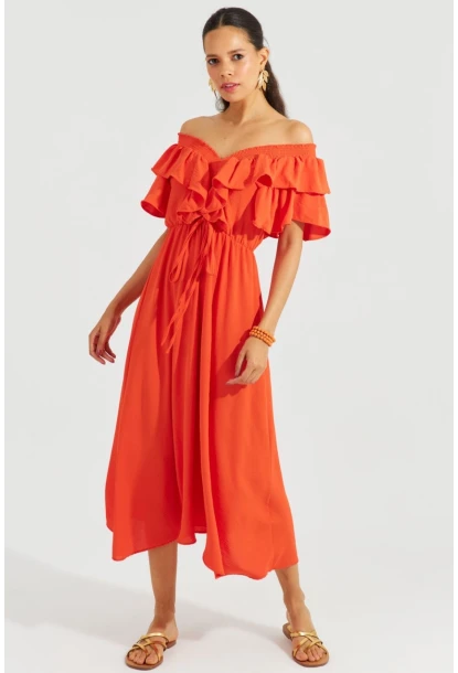 Kadın Turuncu Ön Arka V Volanlı Elbise KS113