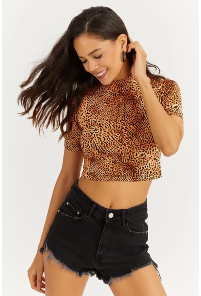 Kadın Turuncu Yarım Balıkçı Leopar Desen Bluz LPP1208