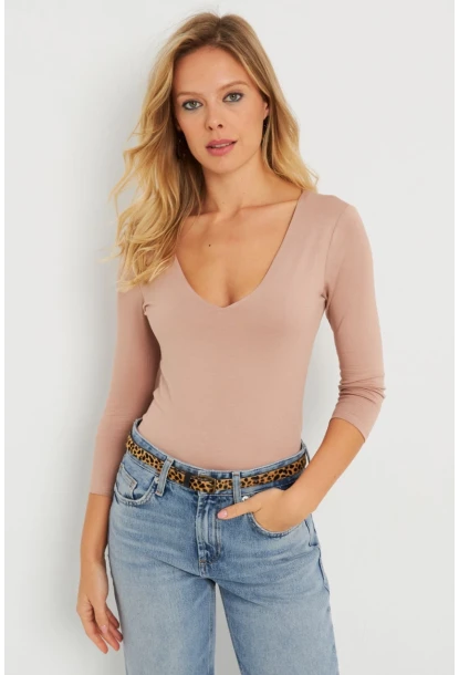 Kadın V Yaka Bluz Pudra AYD279