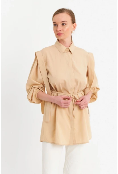 Kadın Vanilya Bağlama Detaylı Basic Gömlek MASF185