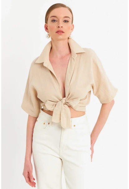 Kadın Vanilya Bağlamalı Keten Bluz BTH16
