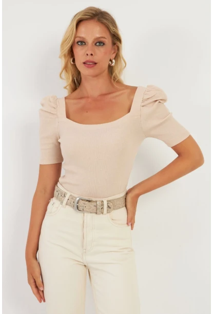 Kadın Vanilya Balon Kol Kaşkorse Bluz XL2019