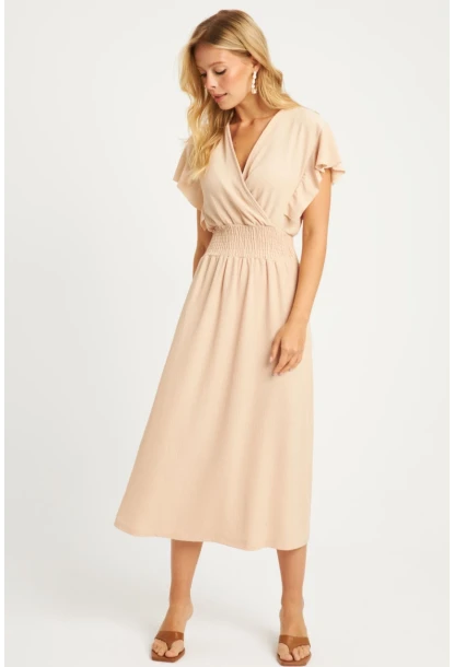 Kadın Vanilya Bürümcük Kruvaze Midi Elbise XL2008