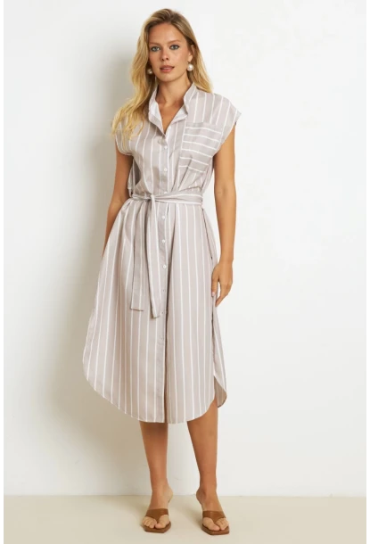 Kadın Vanilya Çizgili Midi Gömlek Elbise SF1000