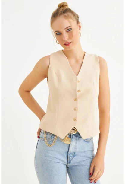 Kadın Vanilya Düğme Detaylı Astarlı Yelek SGT410