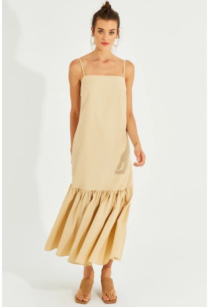 Kadın Vanilya Eteği Volanlı Askılı Midi Elbise MEN2001