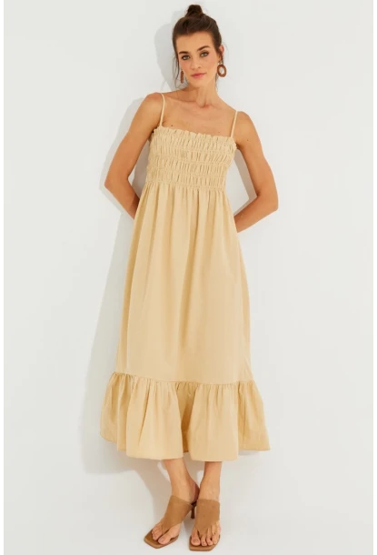 Kadın Vanilya Gipeli Askılı Midi Elbise MEN2000