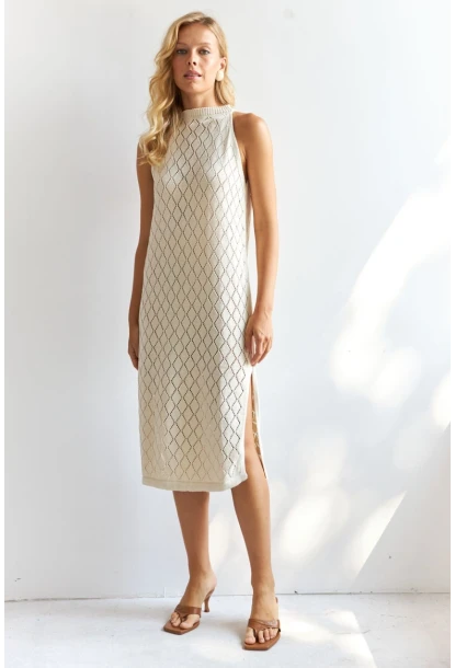 Kadın Vanilya Halter Yaka Triko Midi Elbise MP20134
