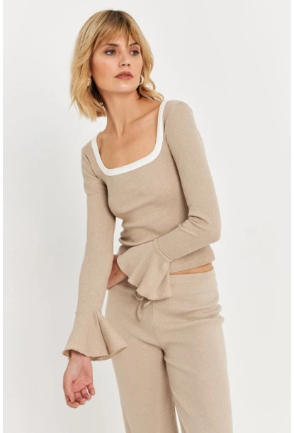 Kadın Vanilya Kontrast Yaka İspanyol Kol Bluz ALB3105