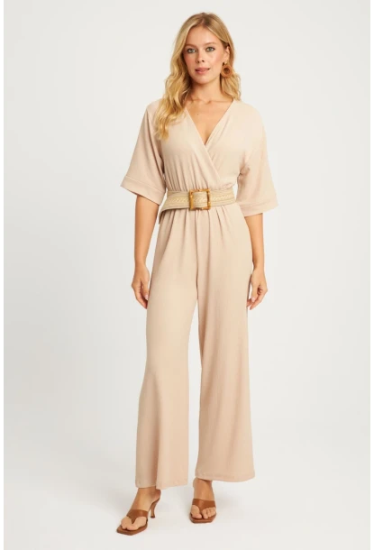 Kadın Vanilya Kruvaze Kemerli Bürümcük Tulum XL2009