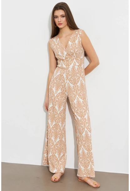 Kadın Vanilya Kruvaze Yaka Desenli Bürümcük Tulum MP430